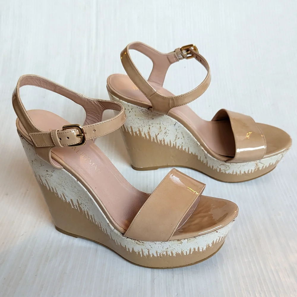 STUART WEITZMAN Bambina Aniline Single Sky patent leather platform wedge sandals